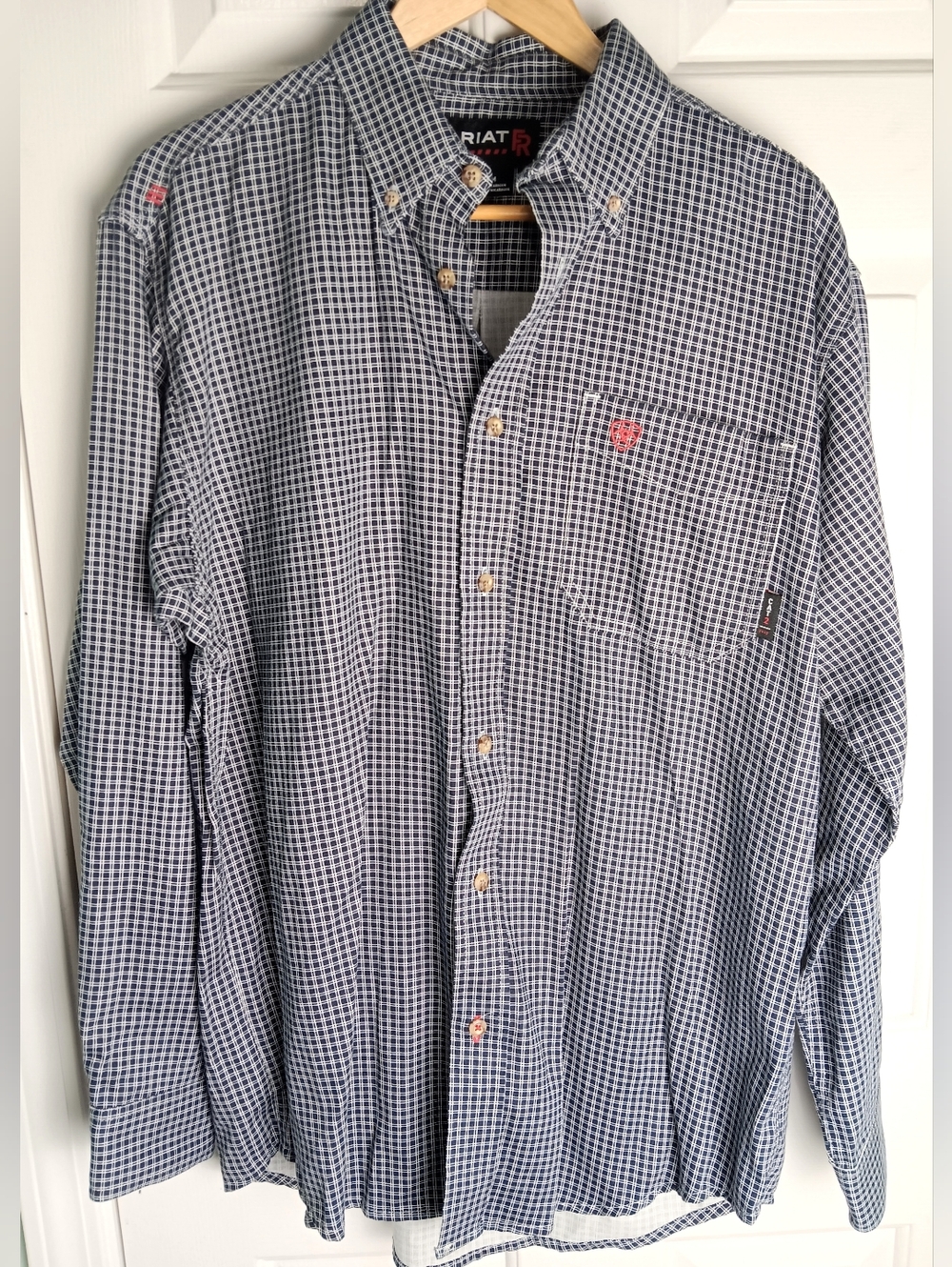 Ariat FR Men’s Medium Blue Checked Button-Down Work Shirt Fire Resistant